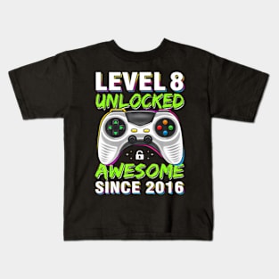 Level 8 Unlocked Awesome Since 2016 8Th Birthday Gaming Boys Kids T-Shirt